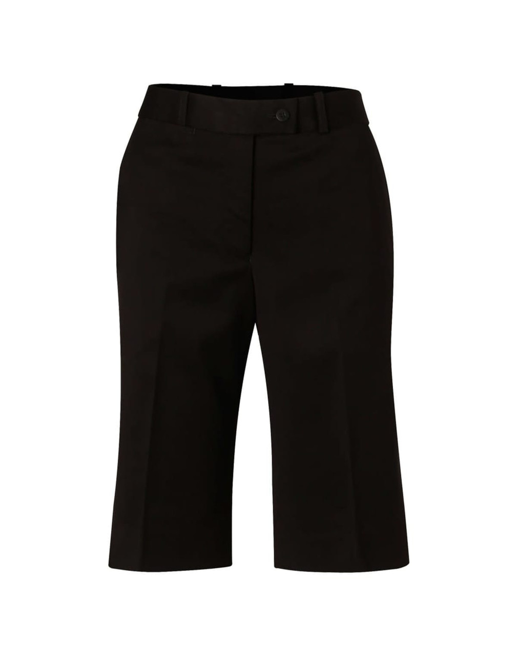Knee-length black shorts with a flexi waist, featuring a button and belt loops, made from poly/viscose stretch fabric.
