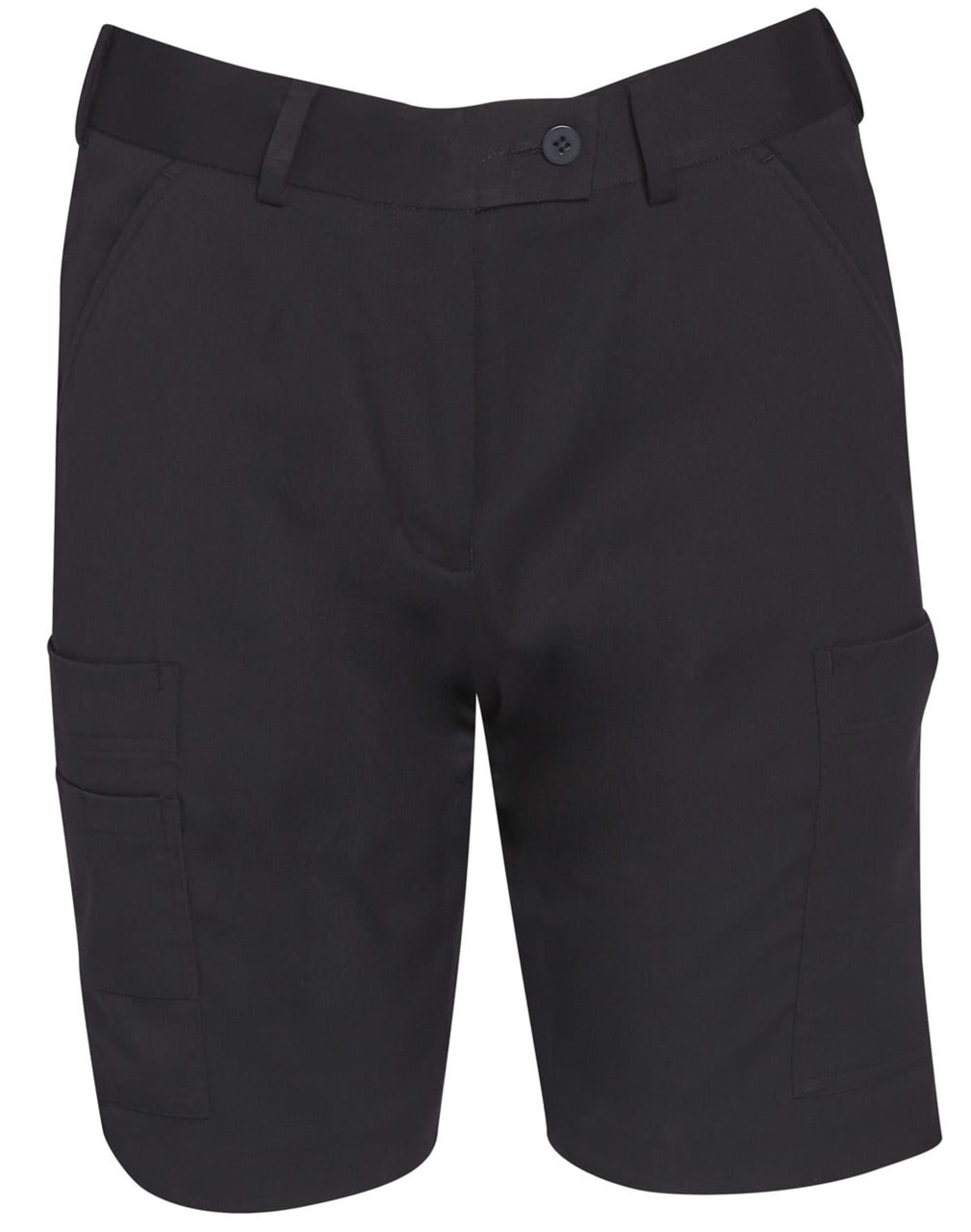 Black ladies' utility cargo shorts featuring multiple pockets and a button closure, with a branding logo.