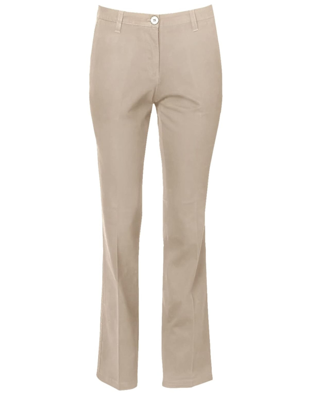 Women’s chino pants in a light beige colour, featuring a button closure and a slight flare at the hems.