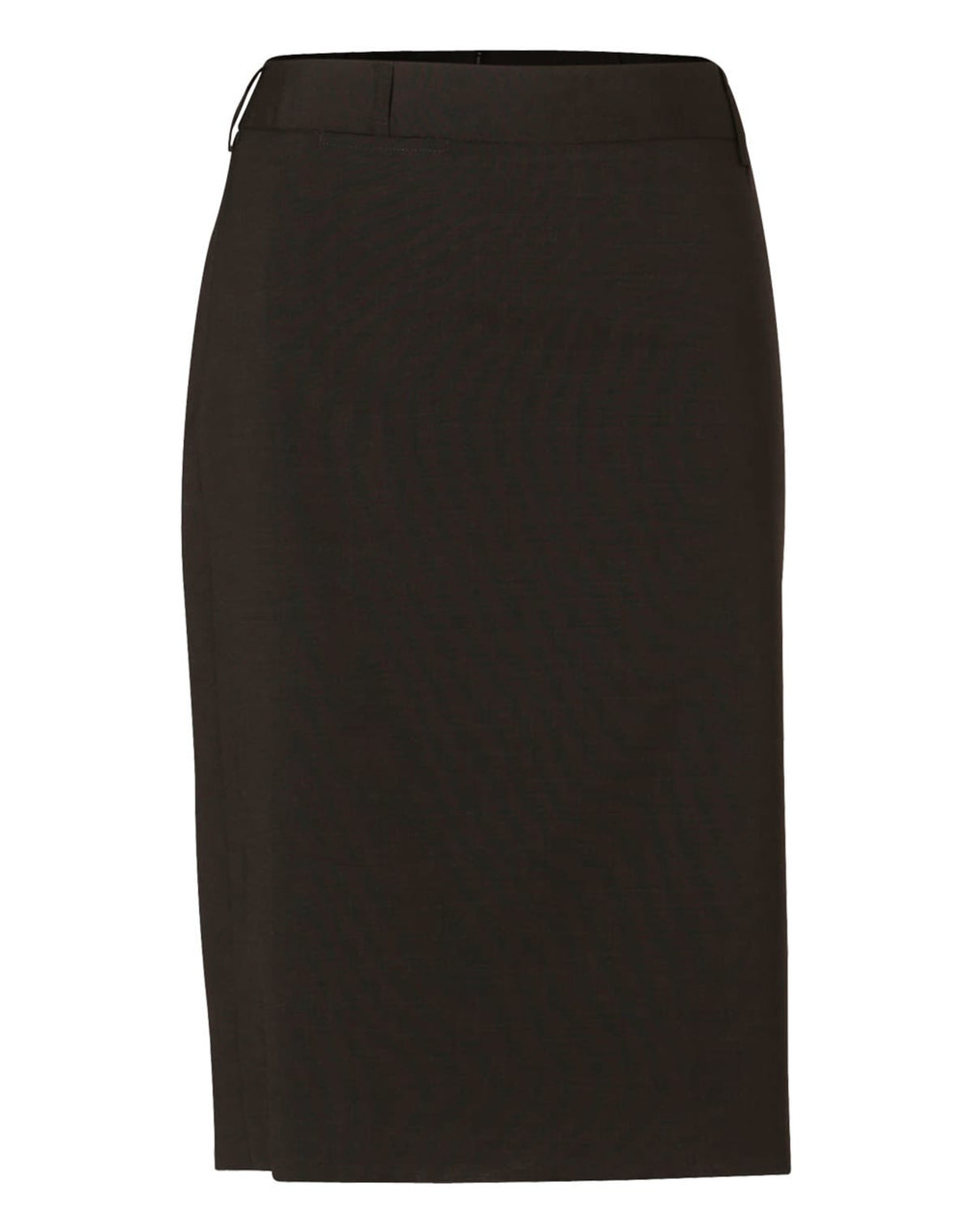 A women's mid-length pencil skirt in dark wool stretch fabric, featuring a sleek design and a waistband.