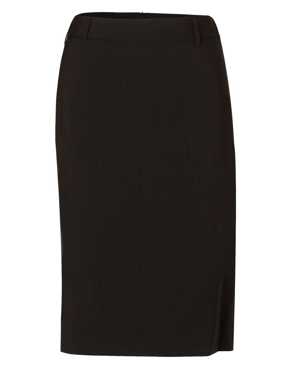 A women's mid-length lined pencil skirt in black wool stretch, featuring a sleek design and waistband.