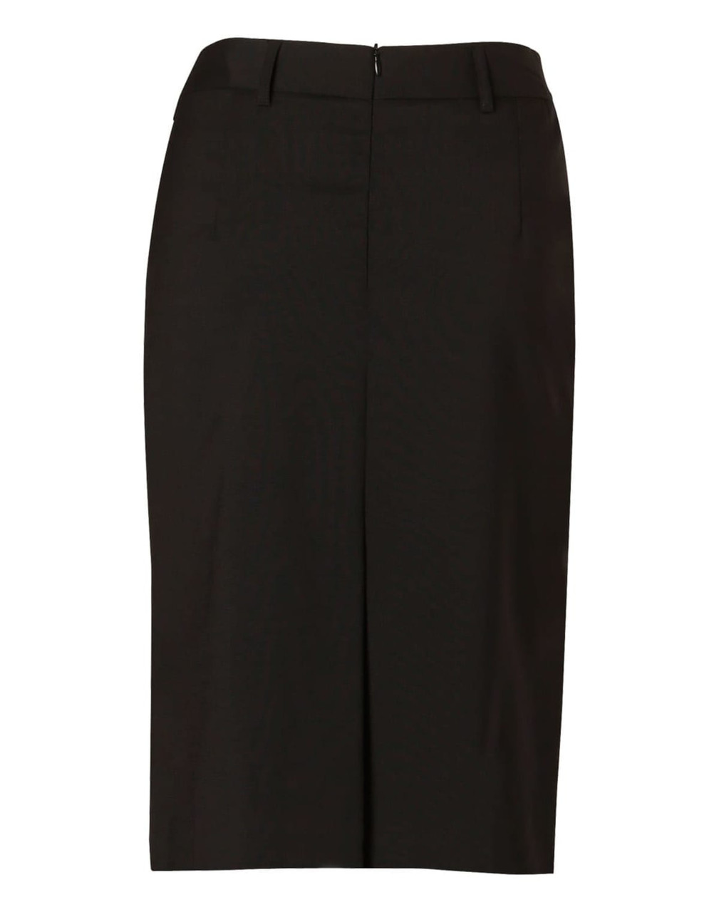 A black mid-length lined pencil skirt made from wool stretch fabric, featuring a zip closure and belt loops.