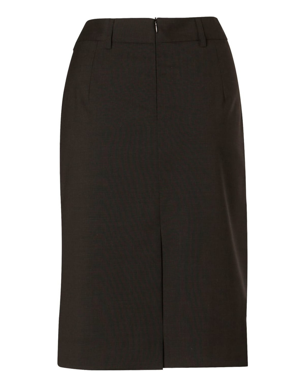 A mid-length lined pencil skirt in dark green wool stretch, featuring a back zip and tailored design.