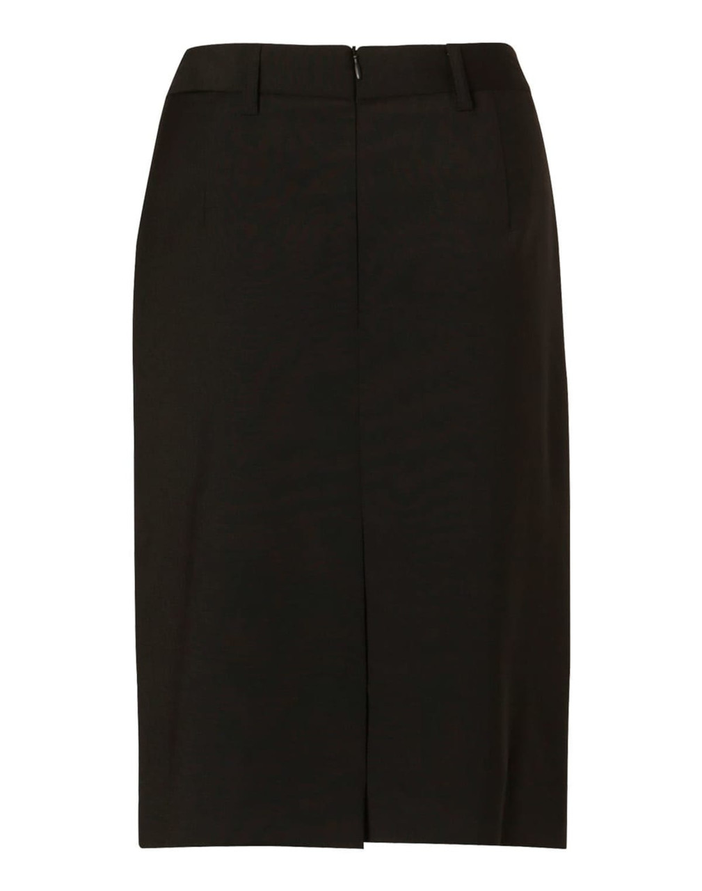 A women's mid-length lined pencil skirt in black wool stretch, featuring a back zipper and a simple design.