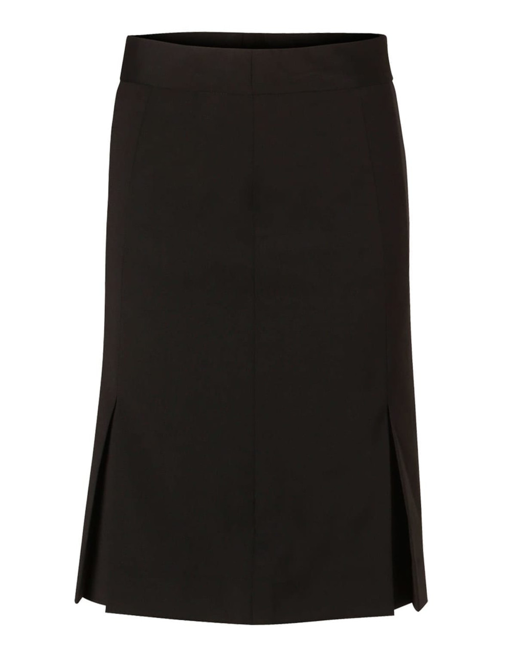 A black pleated skirt made from wool stretch fabric, featuring front slits and a sleek, tailored design.