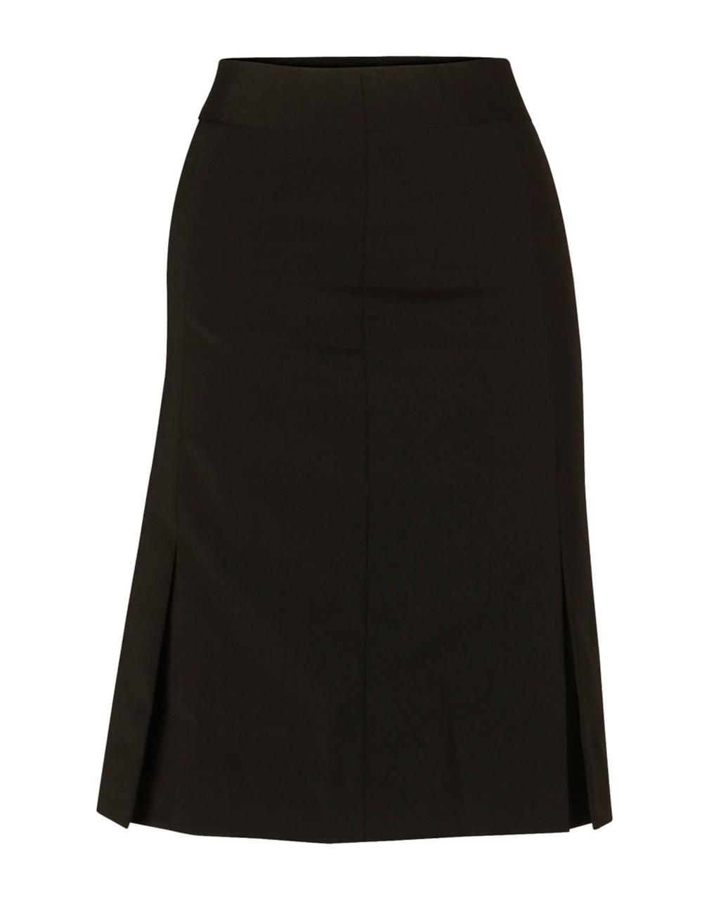 A black pleated skirt made from wool stretch fabric, featuring a straight silhouette and a back slit.