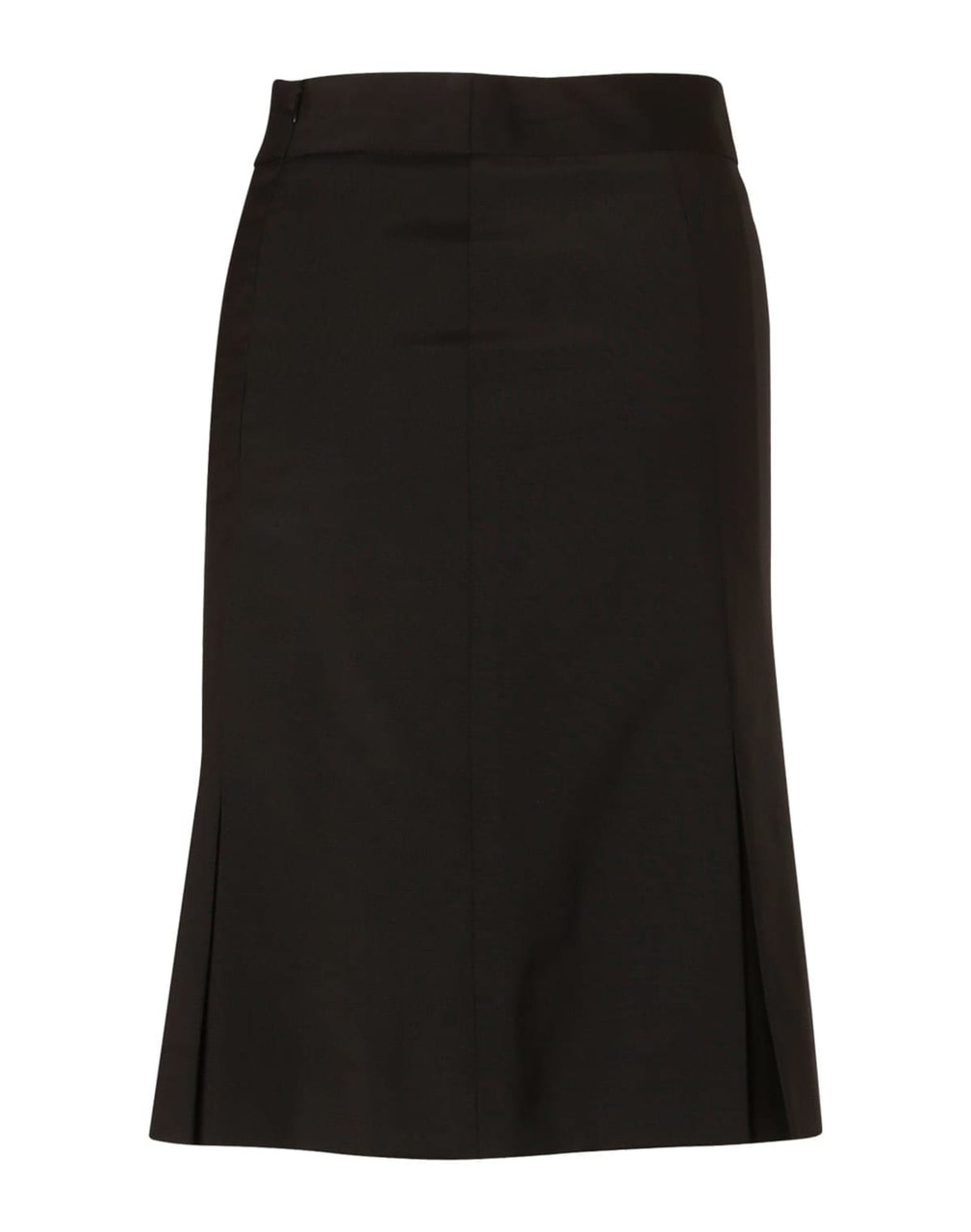 A black pleated skirt made from wool stretch fabric, featuring a tailored fit and a subtle slit.
