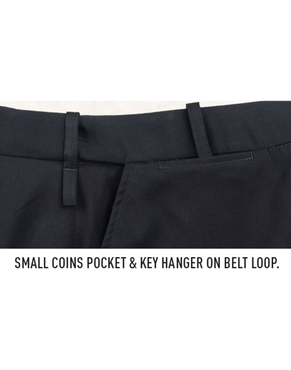 A black utility skirt featuring a small coins pocket and a key hanger on the belt loop.