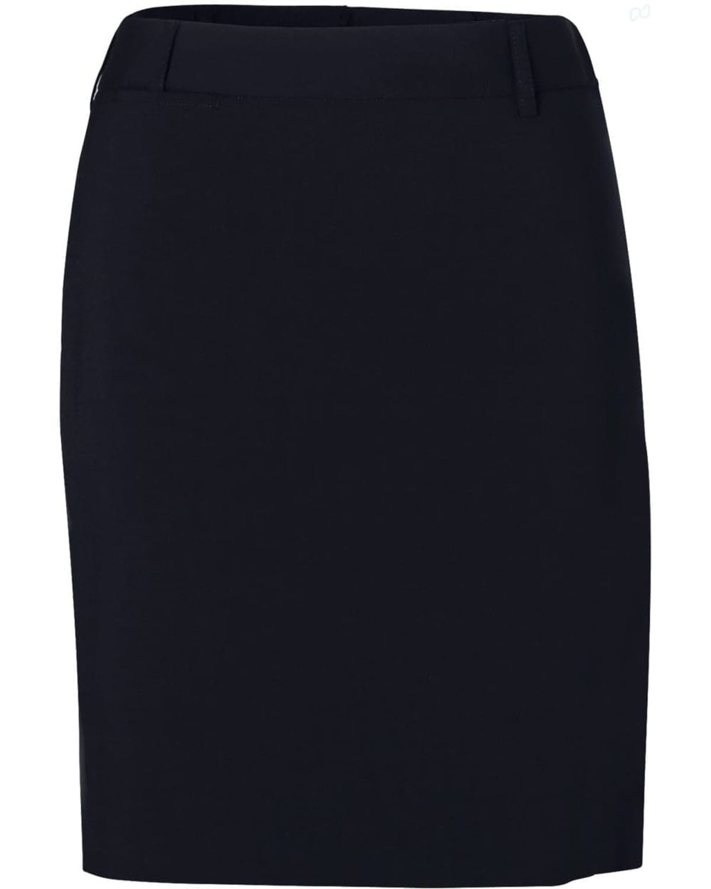 A black ladies' utility skirt with a sleek, tailored design and a waistband. It features a logo on the garment.