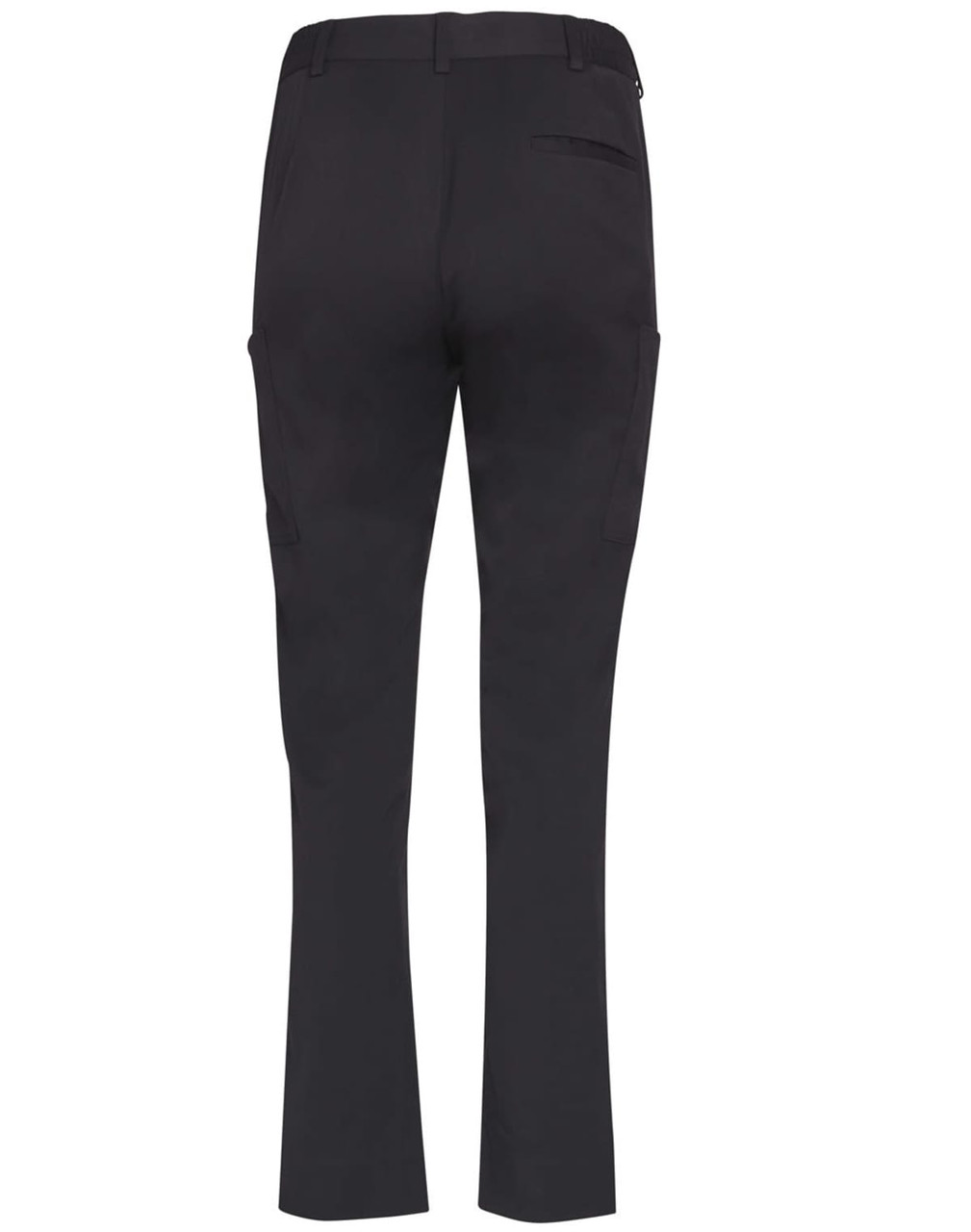 Black women's utility cargo pants with pockets, featuring a straight leg design and a logo.