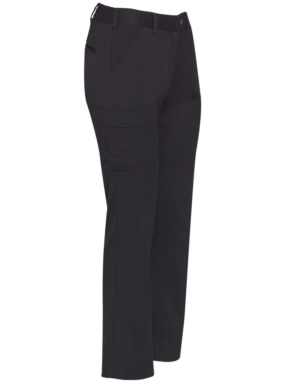 Utility cargo pants in black, featuring multiple pockets and a straight leg design. Includes a logo on the fabric.
