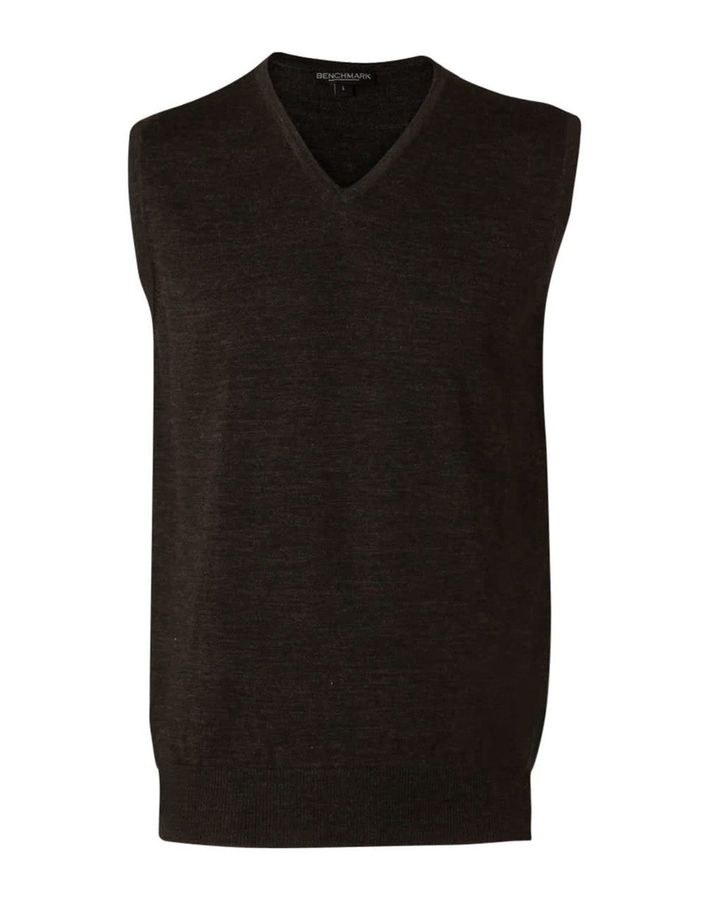 A dark-coloured, sleeveless V-neck vest made from 100% Merino wool, featuring a ribbed hem and a small logo.
