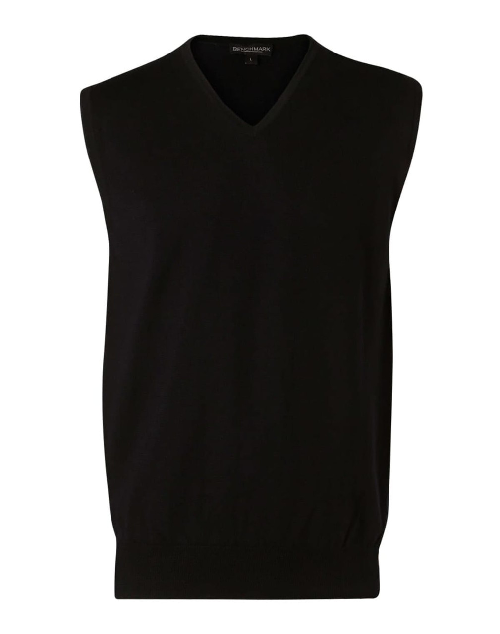 A black Men's 100% Merino Wool V Neck Vest with a ribbed hem and no sleeves, featuring a logo at the neckline.