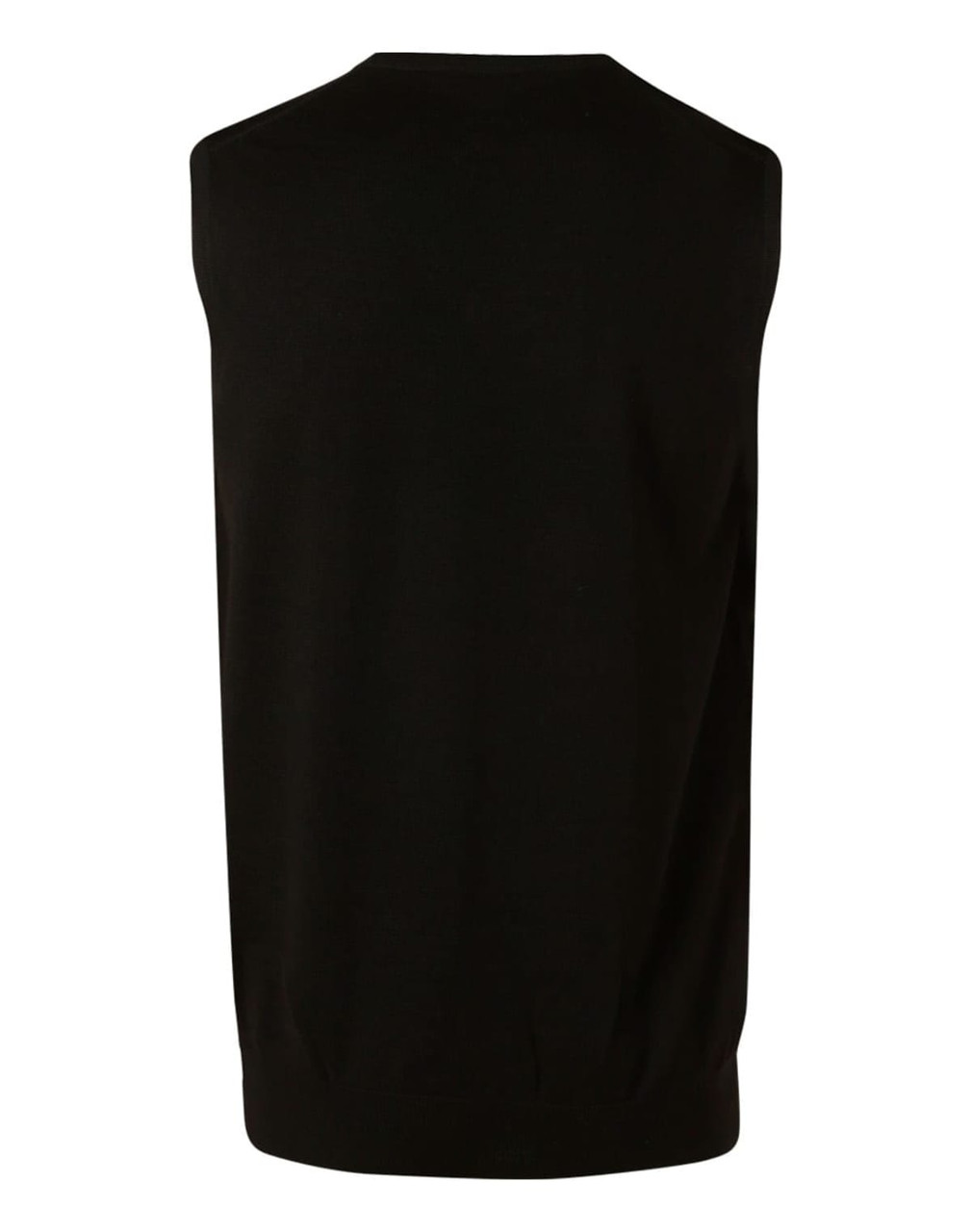 A black men's 100% Merino wool V-neck vest displayed from the back, featuring a simple design and no sleeves.