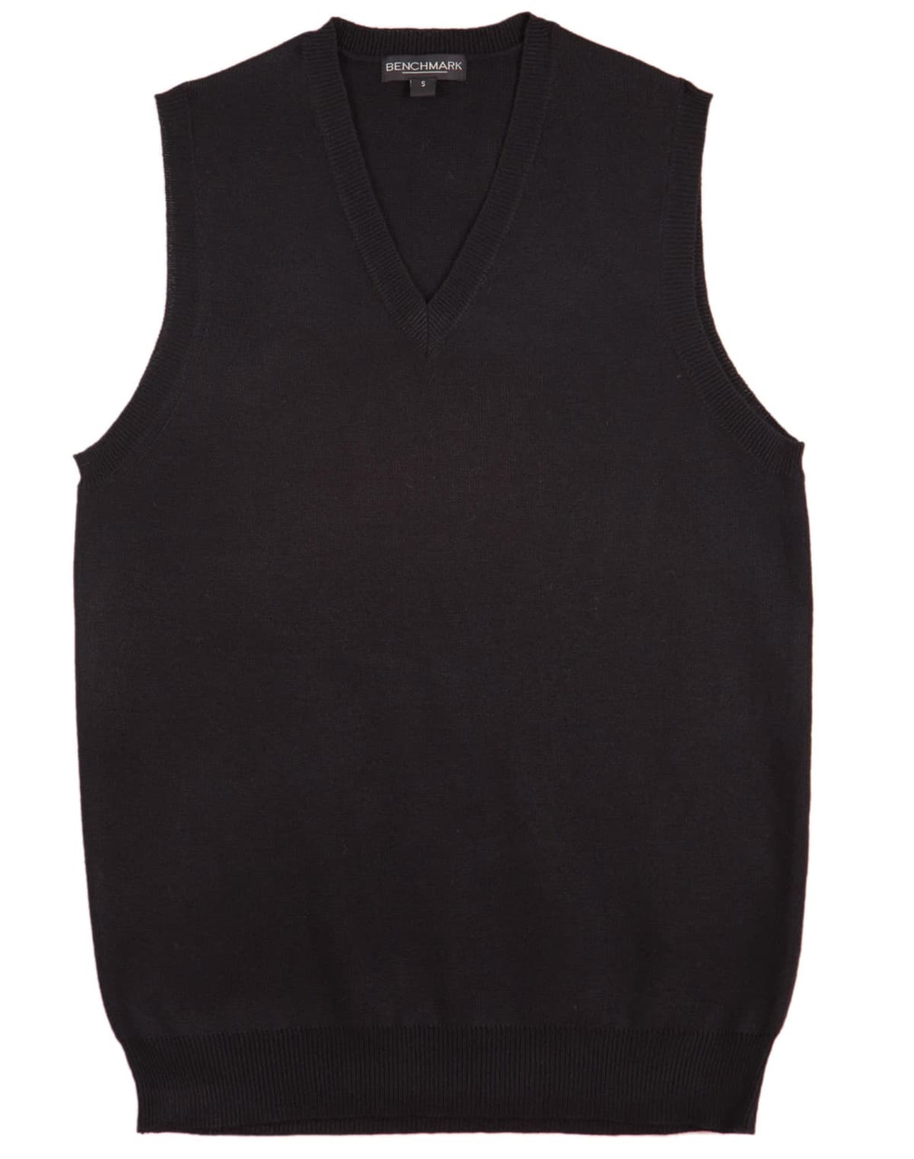 A black women's V-neck vest featuring a ribbed hem and a classic sleeveless design, with a logo at the neckline.