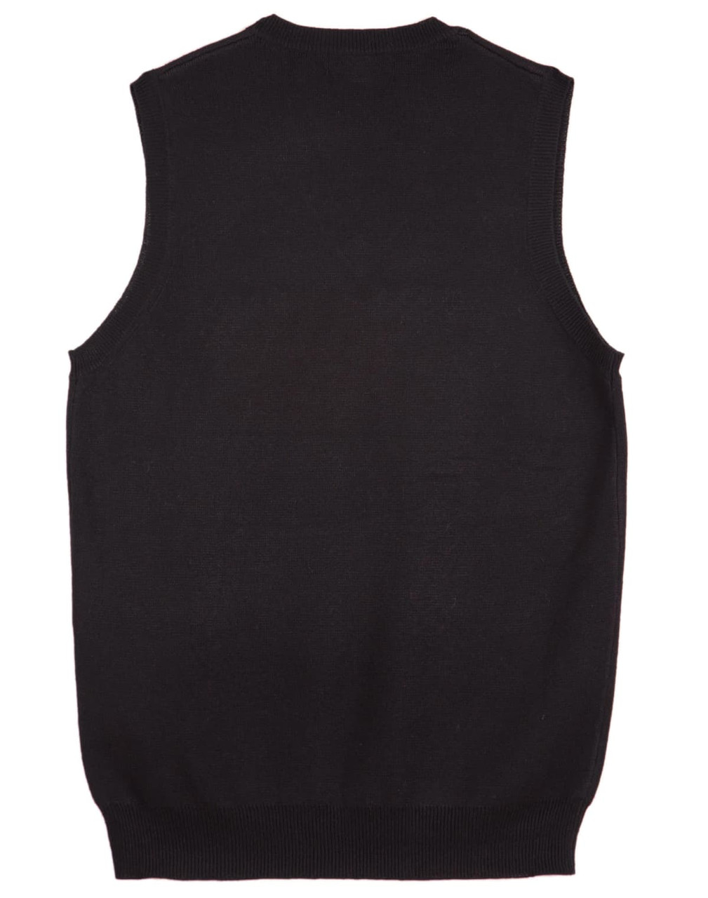 A black women's V-neck vest with a sleeveless design and a ribbed hem, featuring a logo.