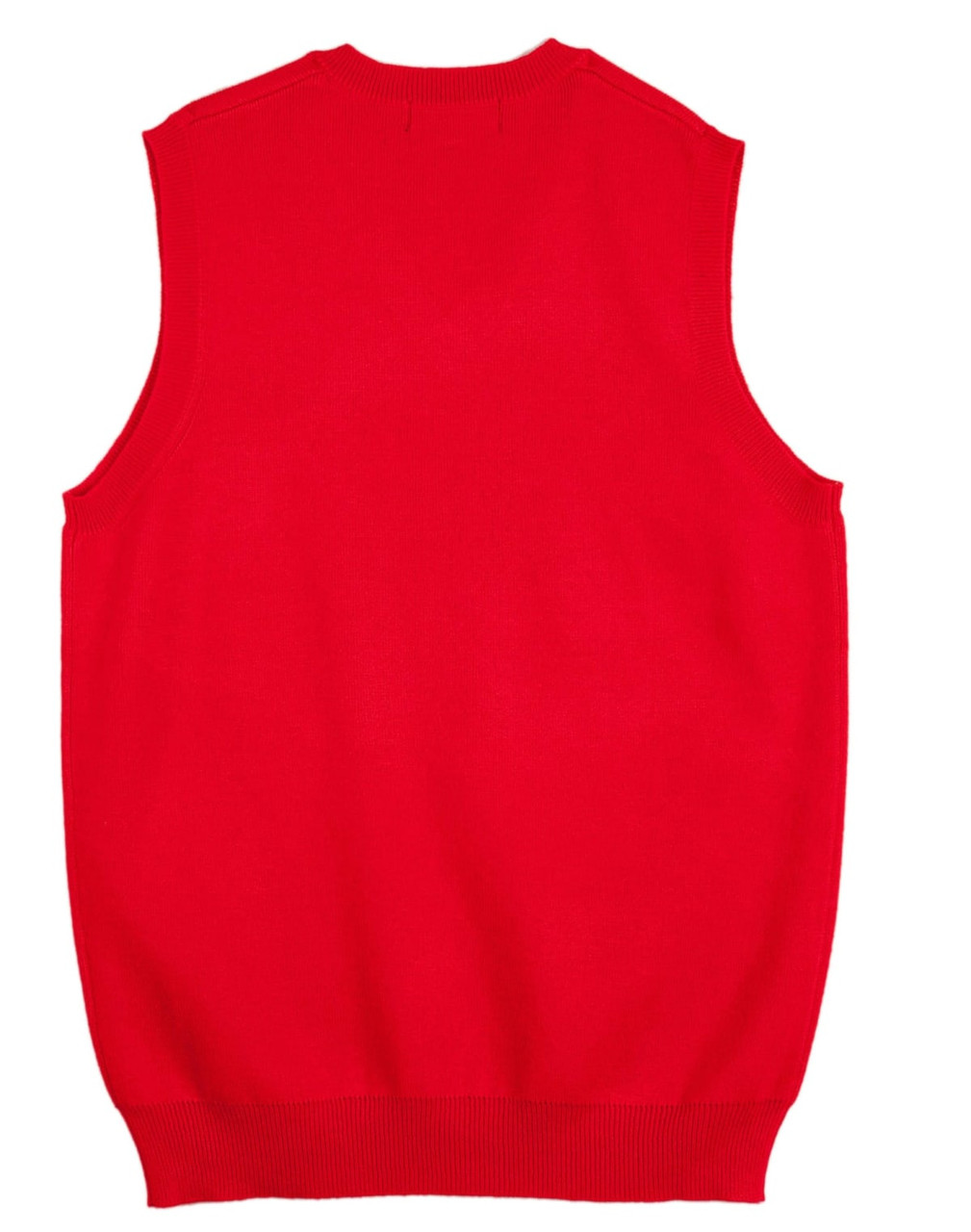 A red women's v-neck vest with a sleeveless design and ribbed hem, featuring a logo.