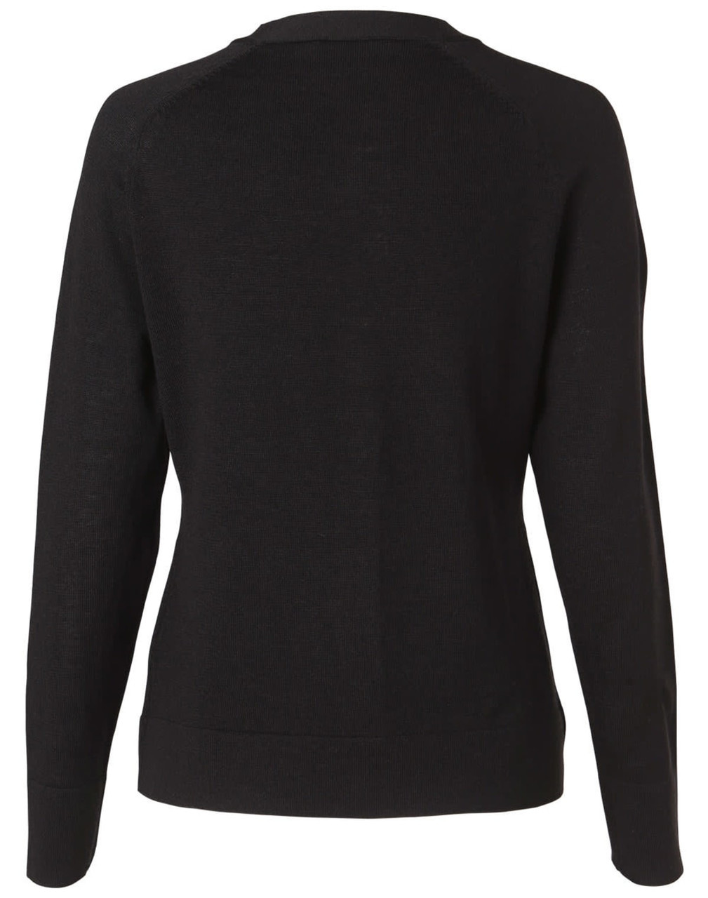 A black women's 100% merino wool long sleeve cardigan, featuring a simple back design and fitted sleeves.