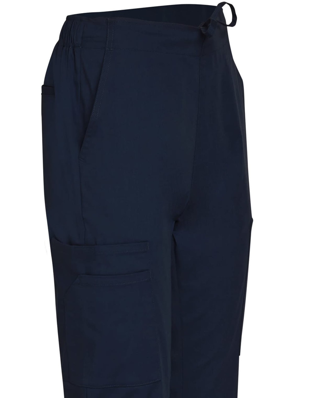 Men's solid colour scrub pants in navy, featuring pockets and an adjustable waistband. Includes a branding logo.