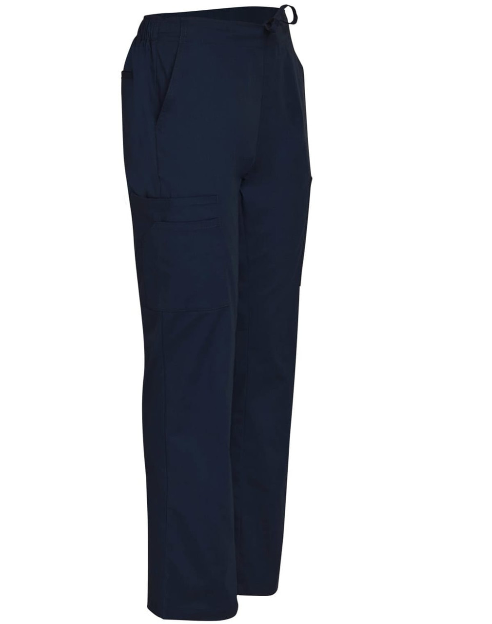 Men's solid navy scrub pants with pockets and a drawstring waistband, featuring a logo.