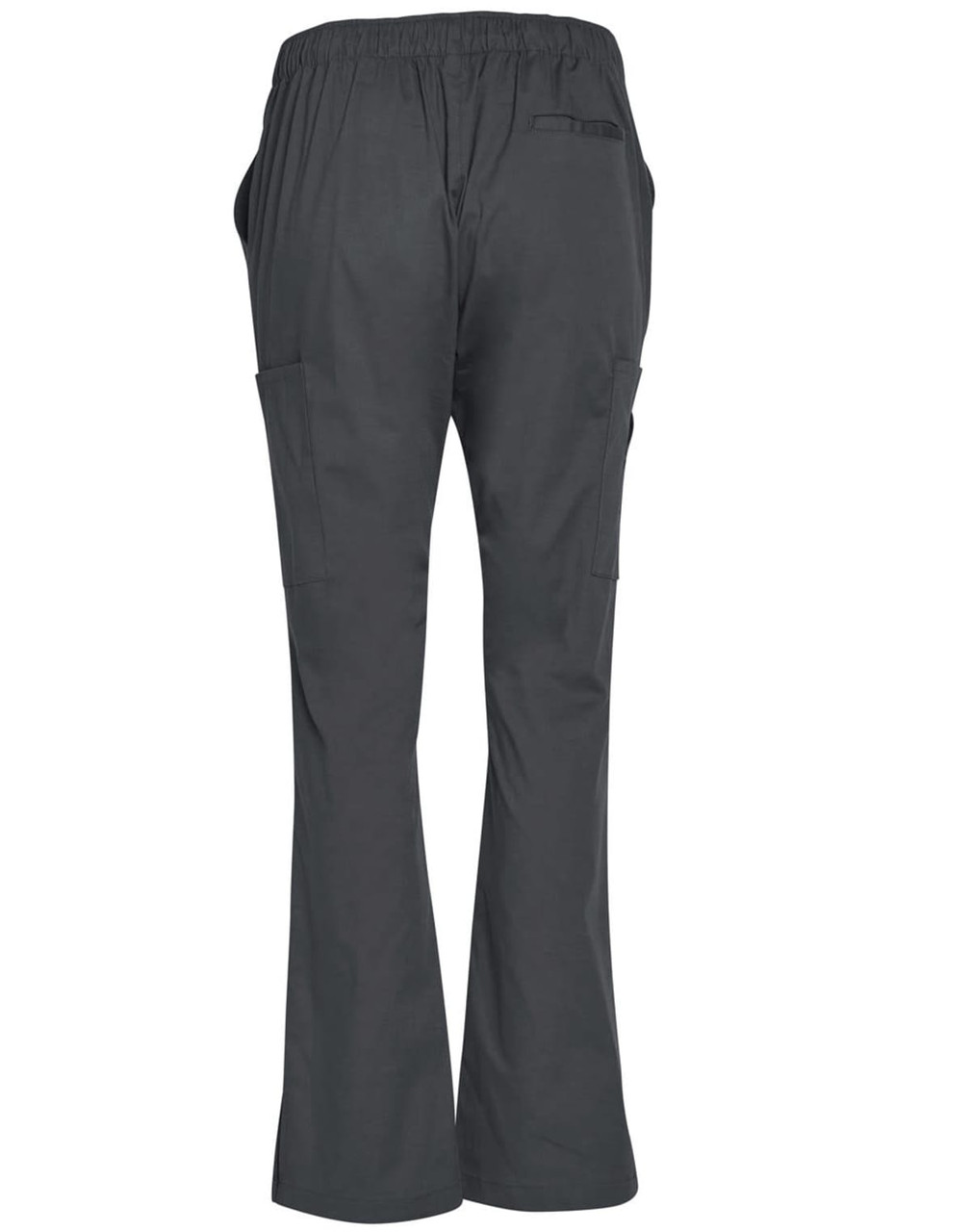 Grey ladies' solid colour scrub pants featuring an elastic waistband and side pockets. The back includes a pocket as well.