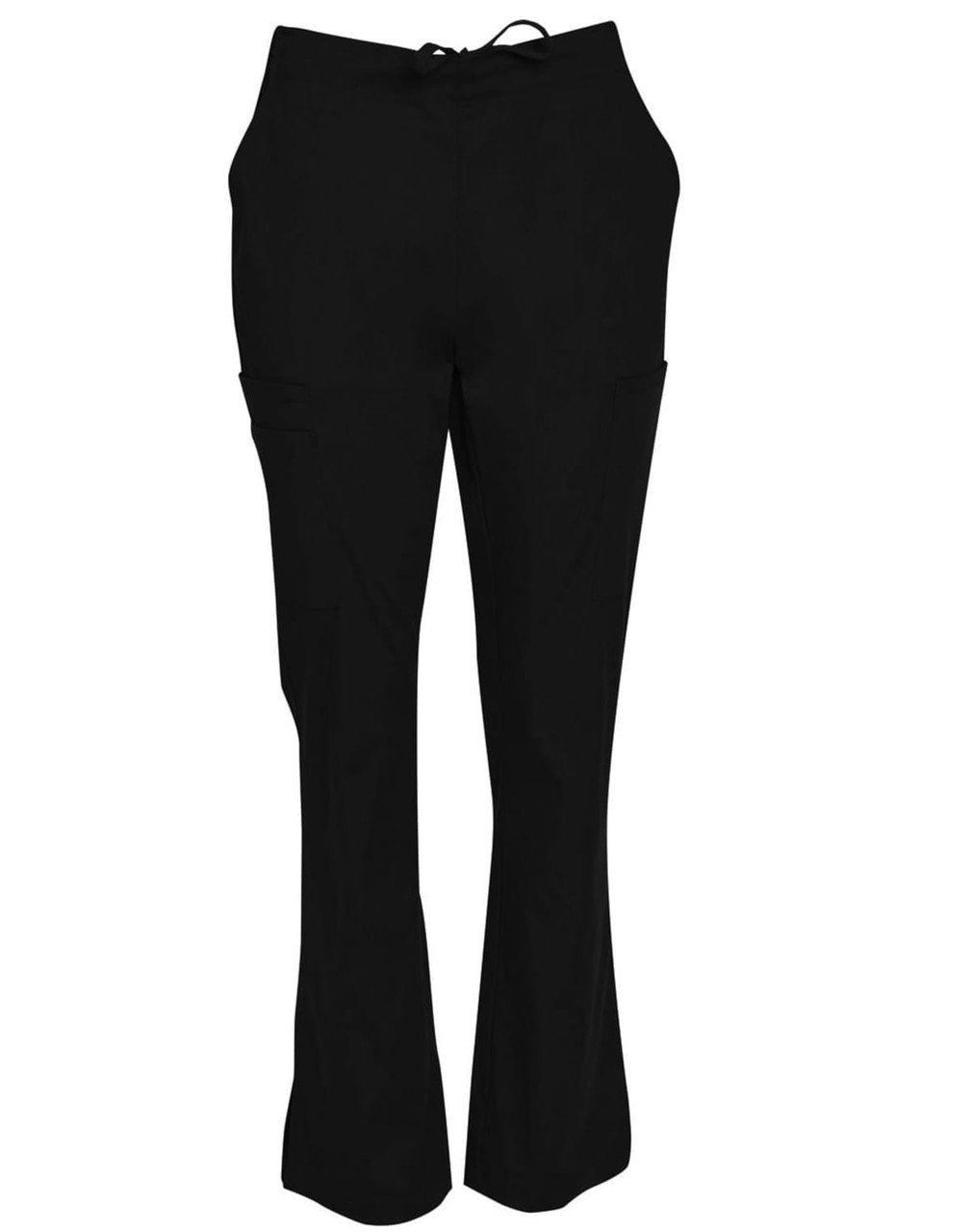 Black ladies' solid colour scrub pants with pockets and a drawstring waist. Features a logo on the fabric.
