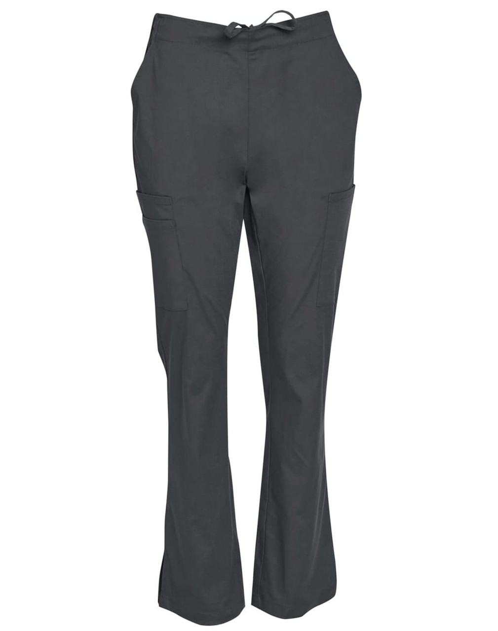 Ladies' solid colour scrub pants in dark grey, featuring a waistband tie and side pockets. Includes branding.