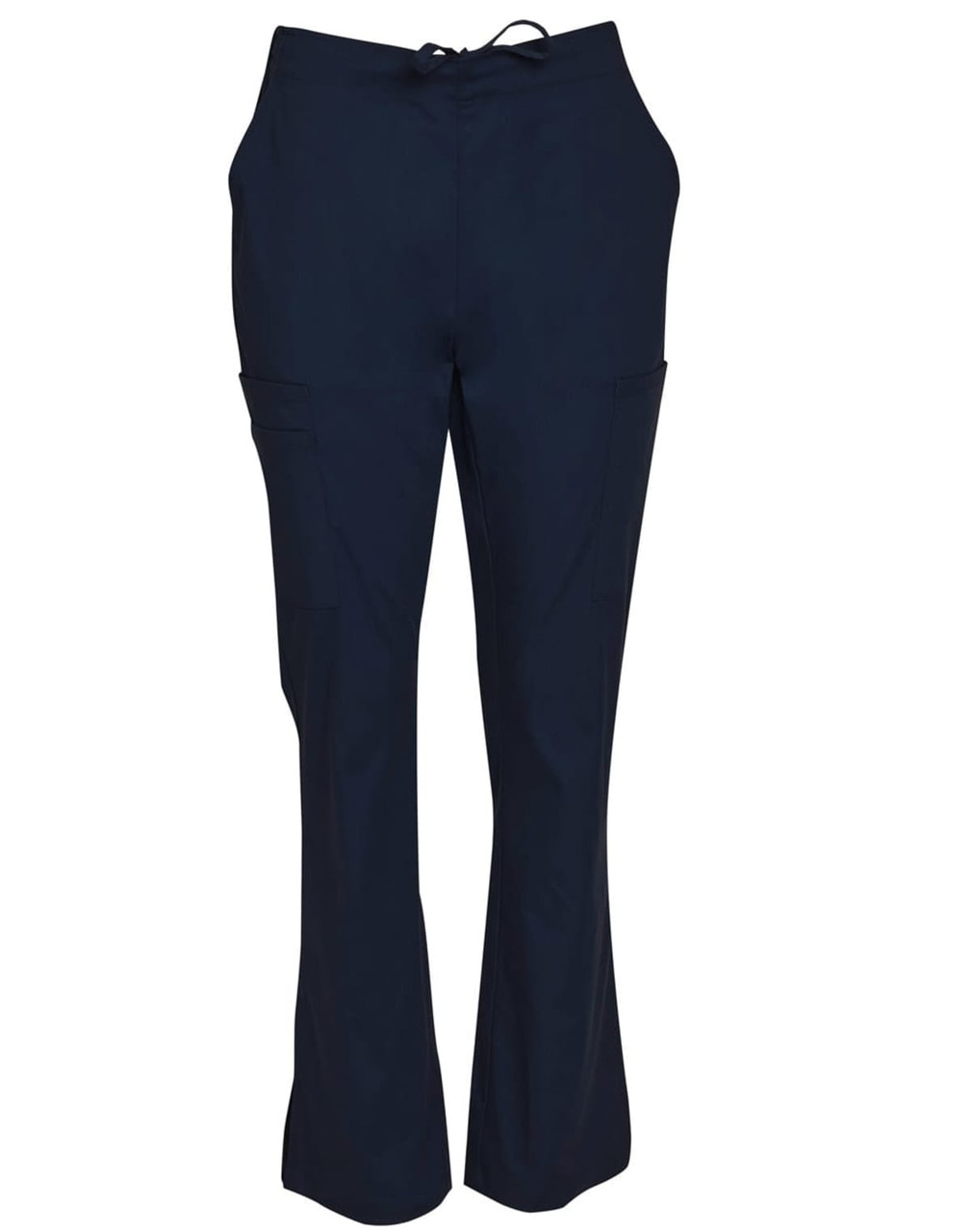 Navy solid colour scrub pants with a drawstring waist and multiple pockets. The design includes a branding logo.