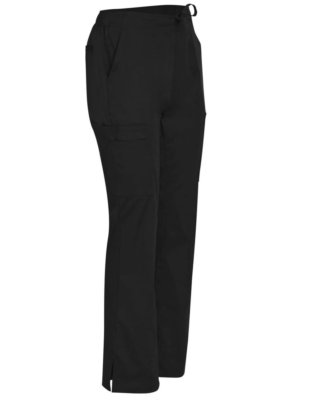Black solid colour scrub pants with pockets and a drawstring waist. The pants have a logo on them.