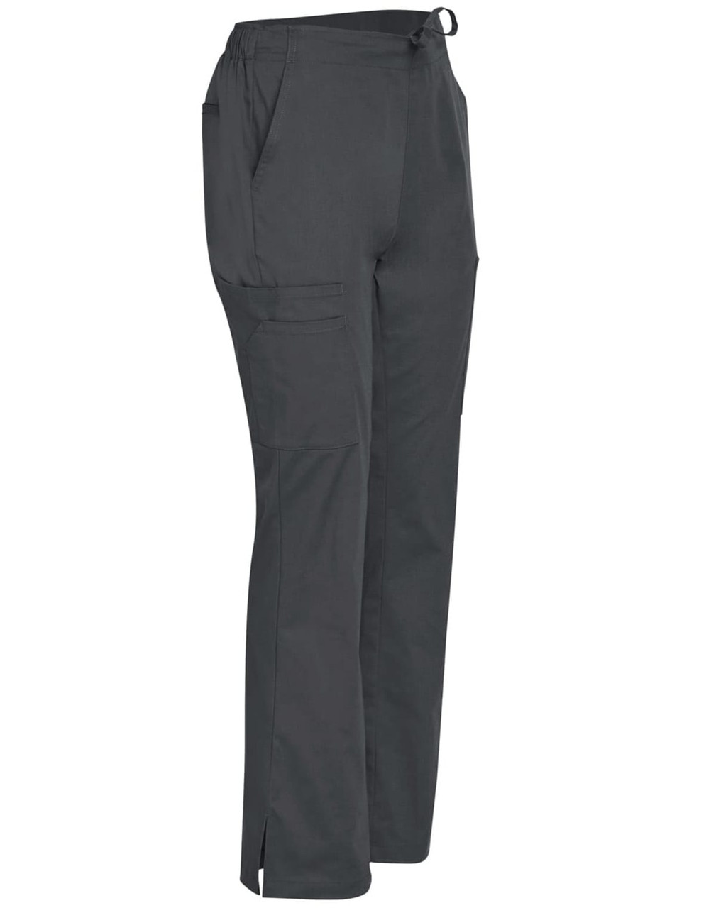 Ladies' solid colour scrub pants in dark grey, featuring pockets and an adjustable waistband. Includes a brand logo.