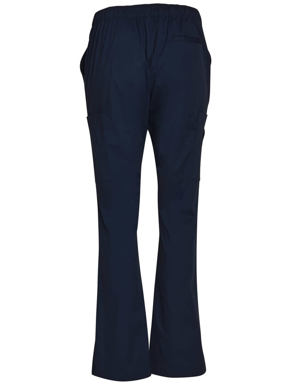 Ladies' solid colour scrub pants in navy, featuring an elastic waistband and multiple pockets.