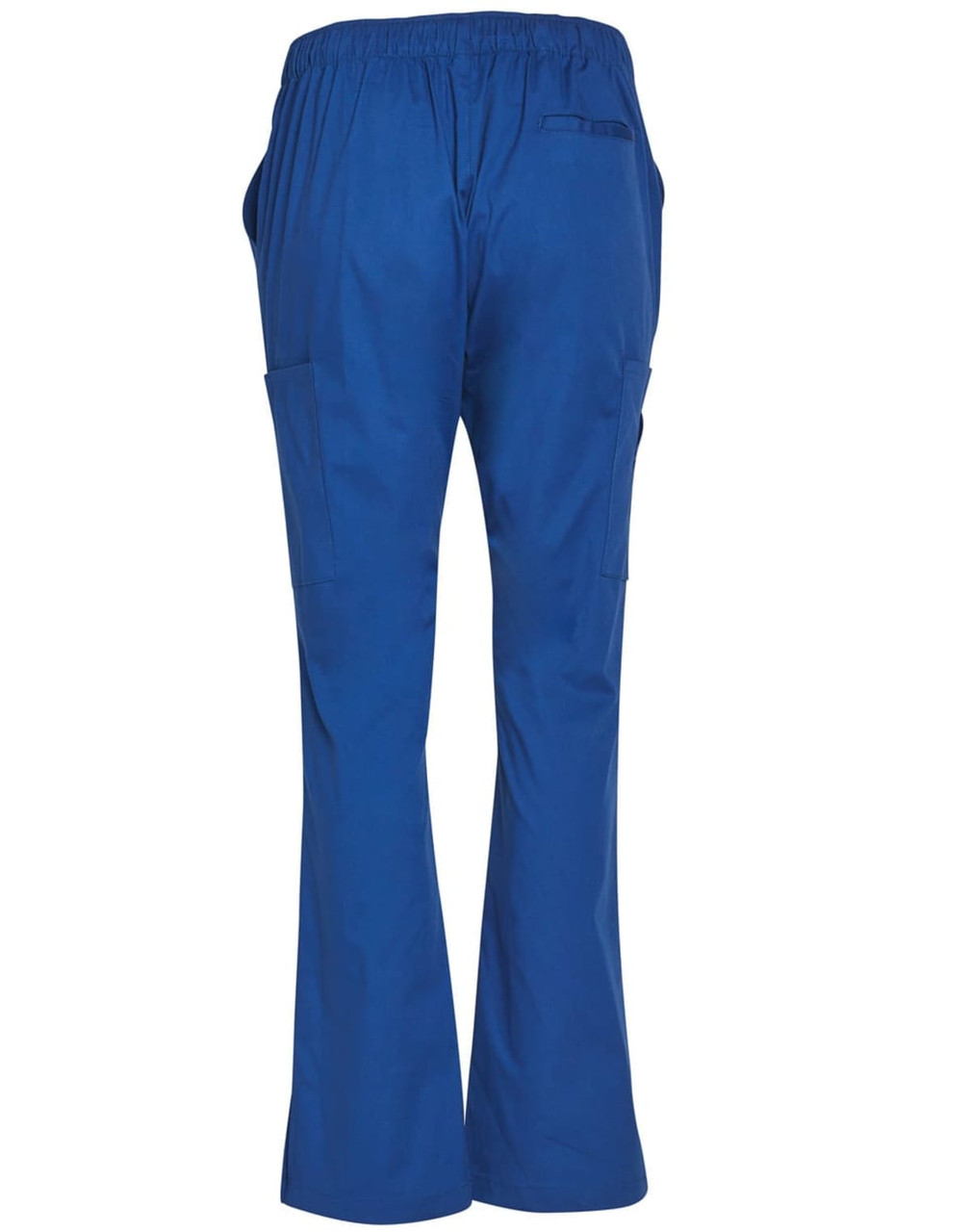 Ladies' solid colour scrub pants in blue, featuring an elastic waistband and side pockets. Includes a logo detail.
