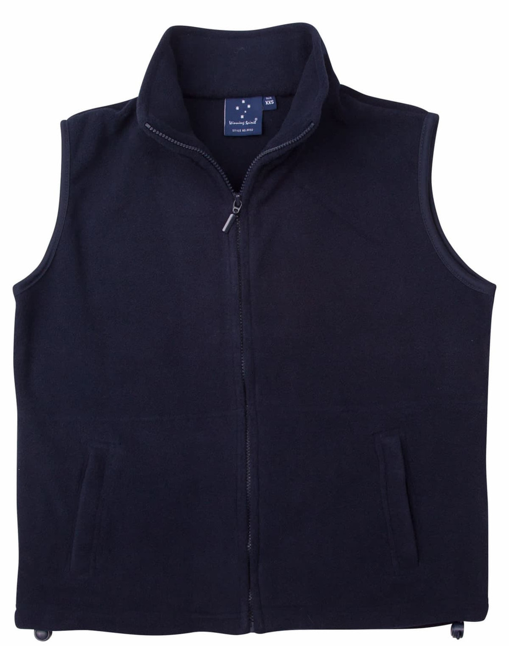 A black unisex polar fleece vest with a stand-up collar and zip fastening, featuring side pockets and a logo.