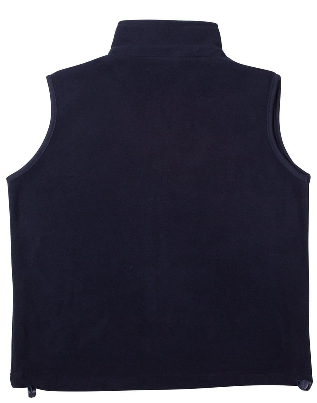 A navy unisex polar fleece vest with a high collar, featuring a simple design and no visible branding.