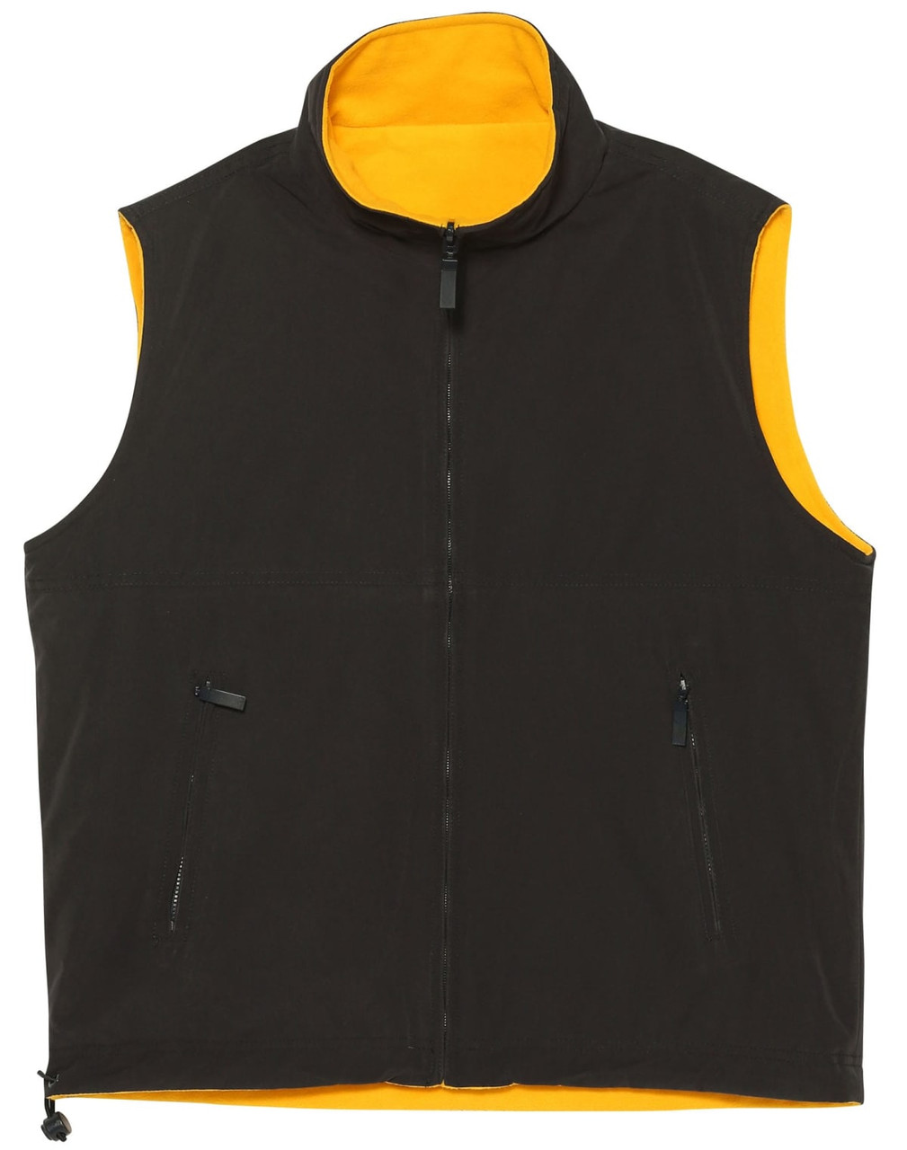 A unisex reversible vest featuring a black exterior and bright orange interior, with two zippered pockets and a high collar.
