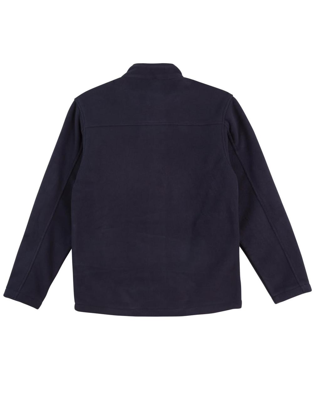A dark navy polar fleece jacket with a full zip and no visible front detailing, featuring a logo on the back.