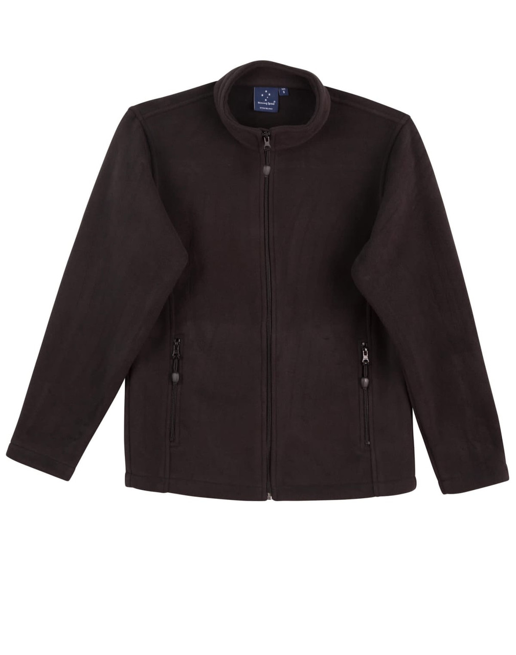 A black polar fleece jacket with a full zip and two front zip pockets, featuring a collar and no visible branding.