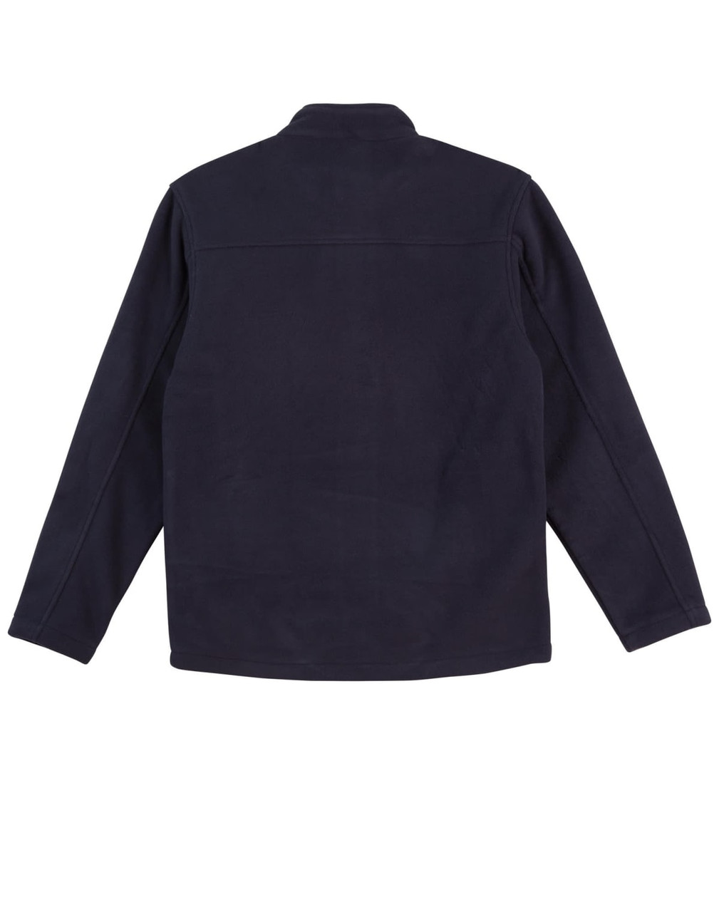 A dark navy polar fleece jacket with a full zip and a plain back. Features a branding logo.