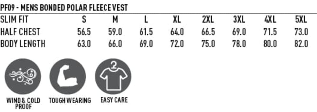 A size chart for a men's bonded polar fleece vest, detailing measurements for different sizes and care instructions.