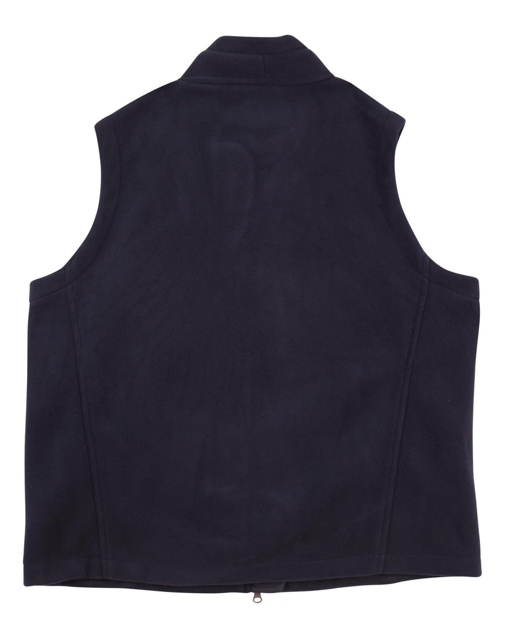 A navy fleece vest for kids, featuring a high collar and no sleeves, with a logo on the back.