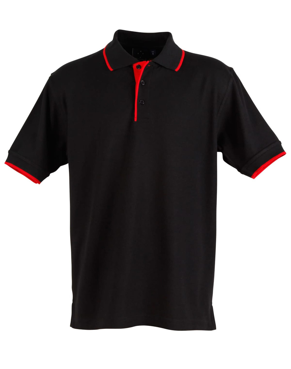 A black polo shirt with red accents on the collar and sleeves, featuring a logo.