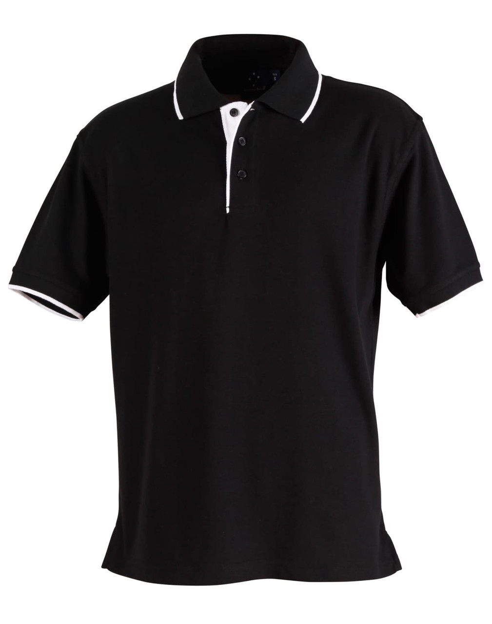 A black polo shirt with a contrasting white collar and sleeve cuffs, featuring a logo on the chest.