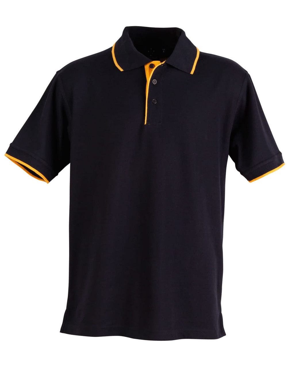 A black polo shirt with orange collar and sleeve accents. It features a branded logo.
