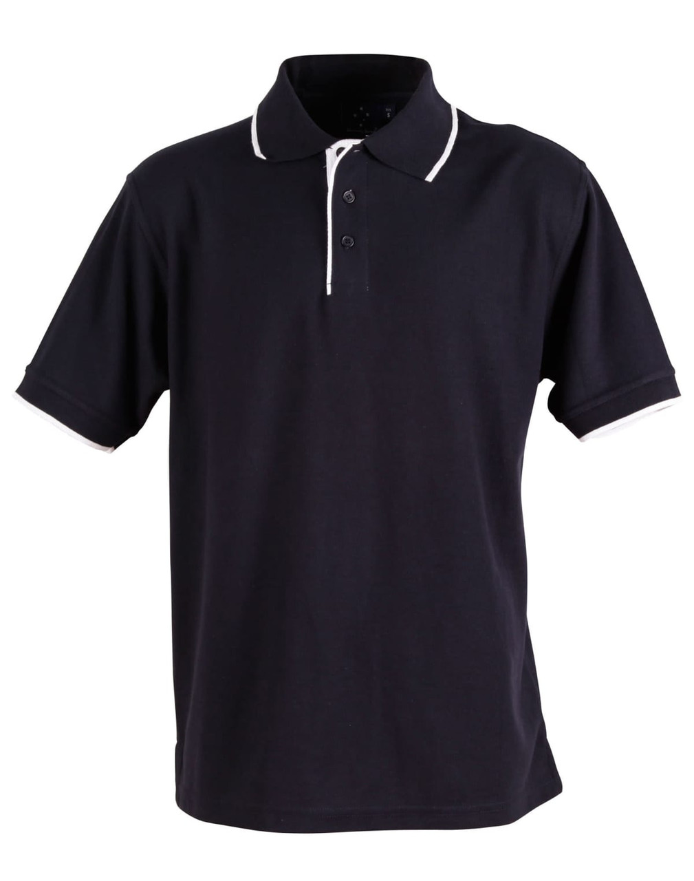 A men's polo shirt in navy blue with contrasting white trim and a standard collar. It features a logo on the chest.