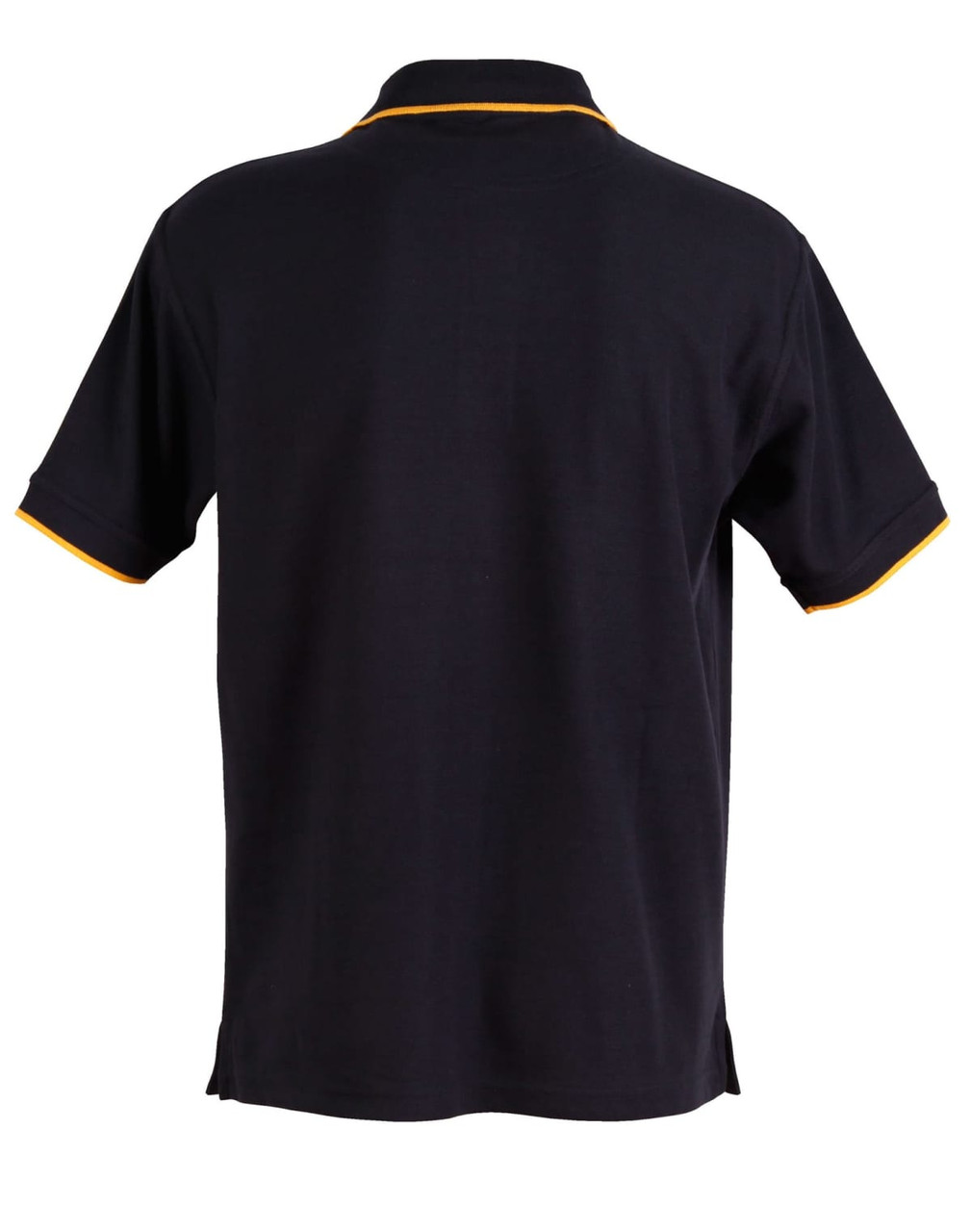 A black polo shirt featuring a yellow trim and a logo on the chest area, viewed from the back.