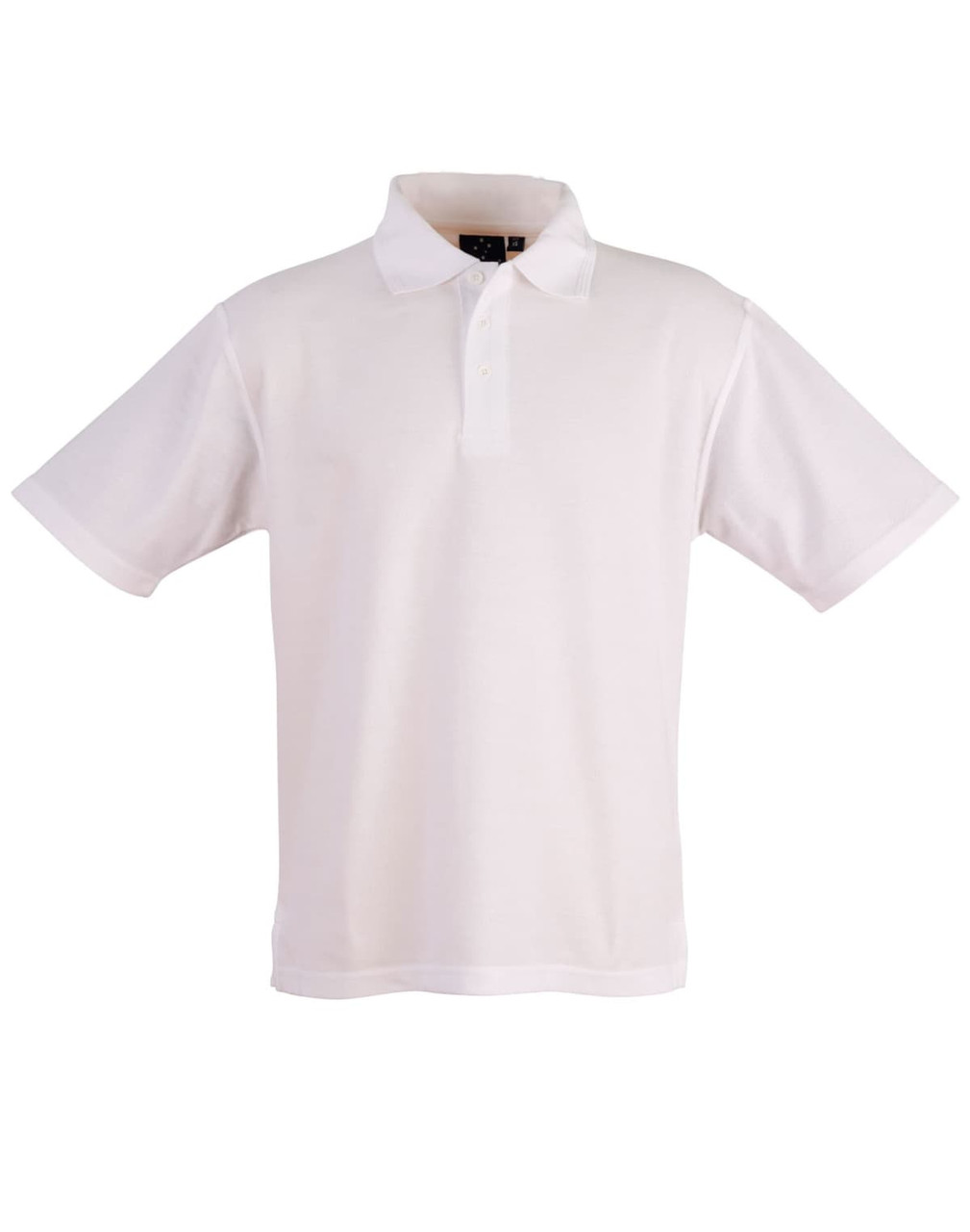 A white unisex traditional polo shirt featuring a collar and short sleeves, with a logo on the front.