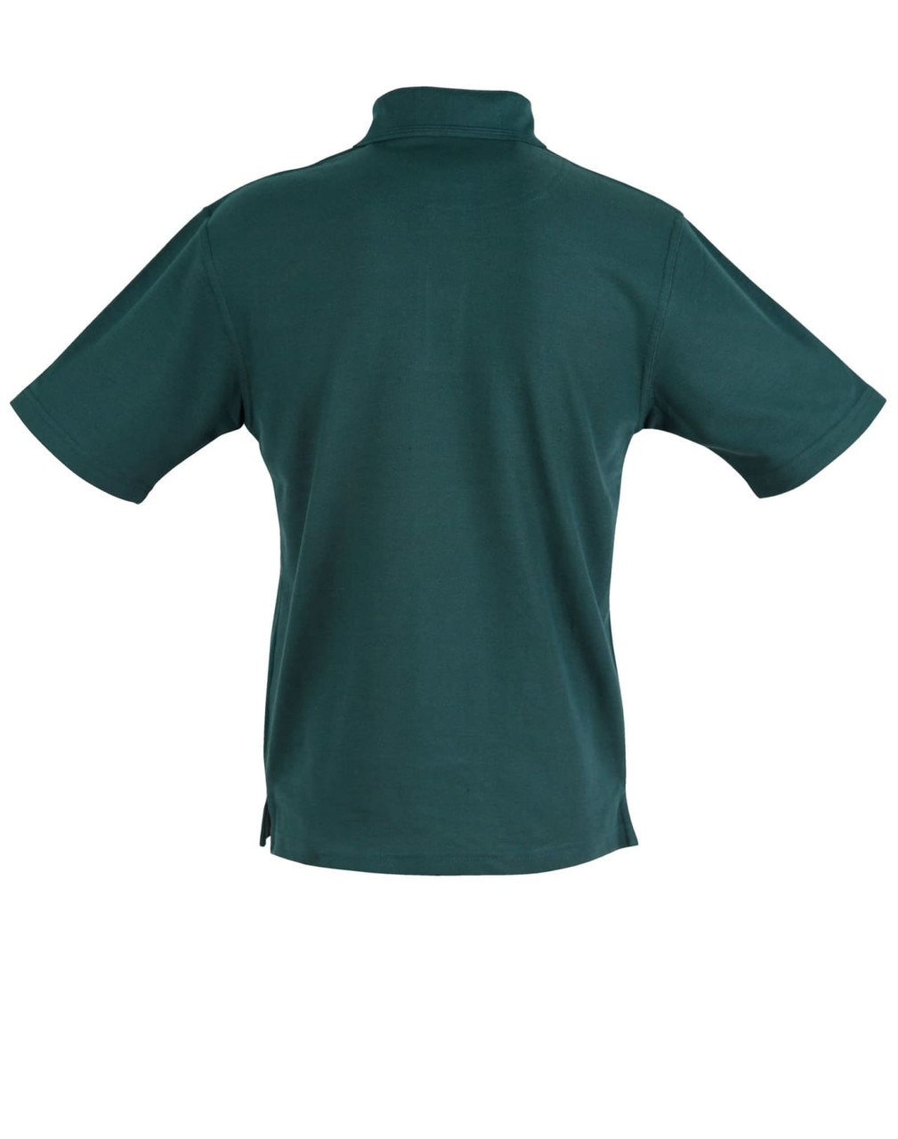 A unisex traditional polo shirt in dark green, featuring a collar and short sleeves, with a logo on the back.