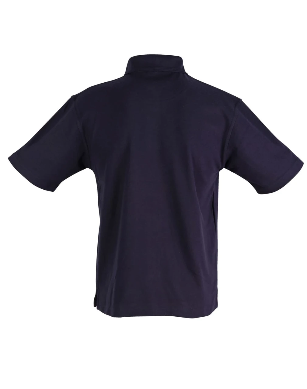 A unisex traditional polo shirt in navy blue, featuring a collar and short sleeves. The back view shows the design clearly.