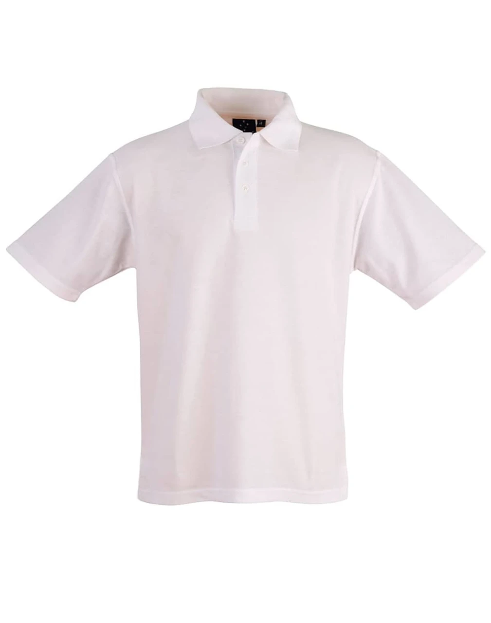 A white traditional polo shirt with a collar and short sleeves, featuring a logo on the chest.