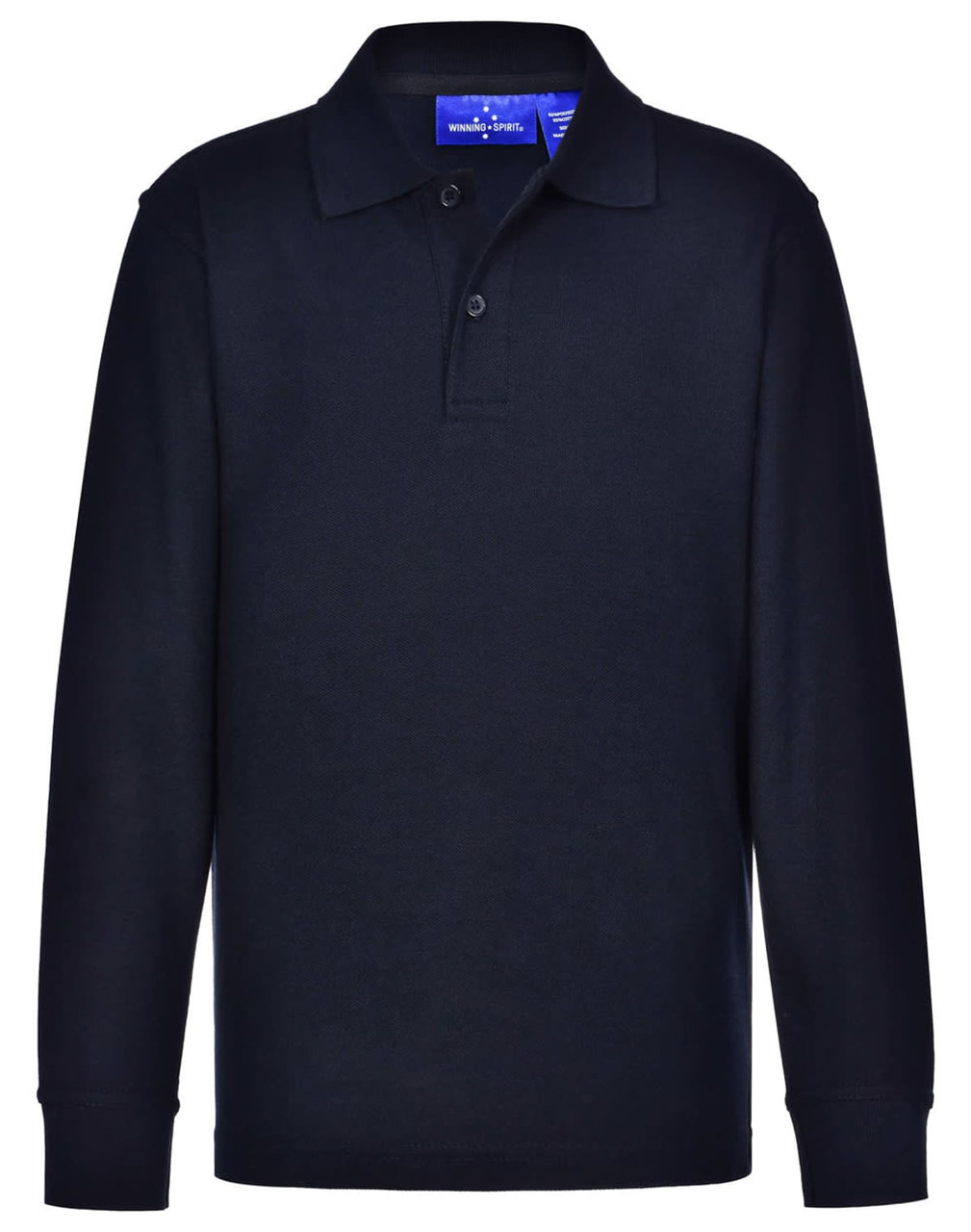 A navy long sleeve polo shirt made from traditional poly/cotton pique knit, featuring a collar and three buttons.